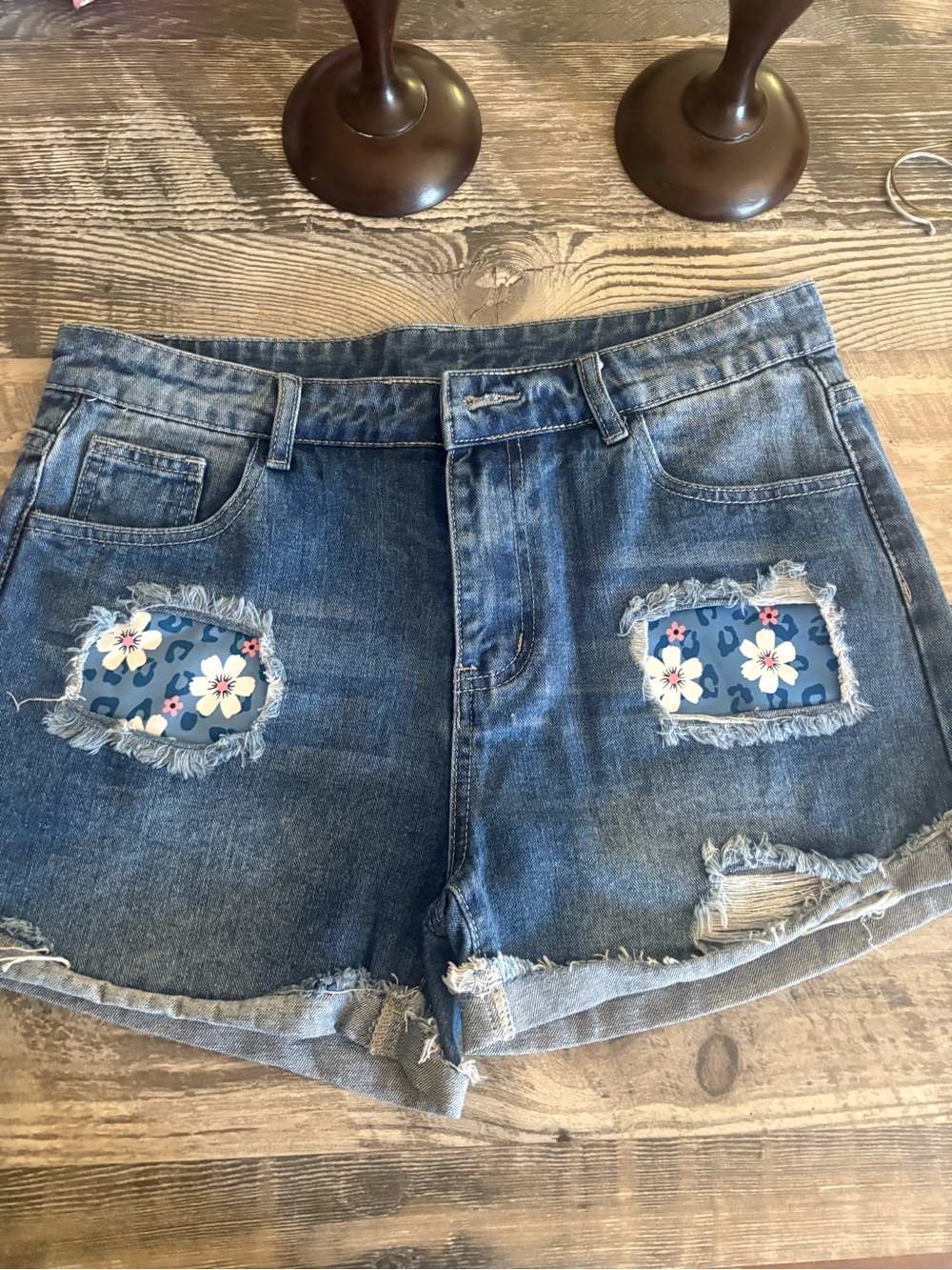 Floral-Patch Distressed Blue Denim Women's Shorts
